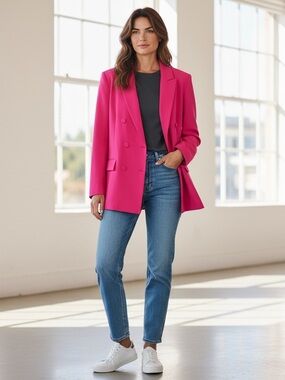Susan Graver Liquid Knit Fusion Double-Breasted Blazer in Fuchsia SIZE LP